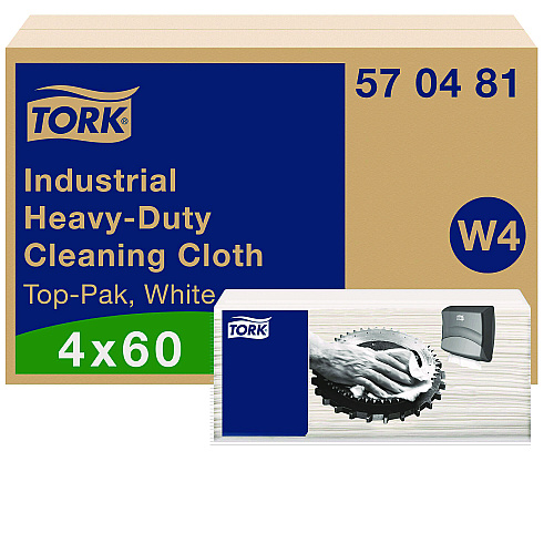 Tork Industrial Heavy-Duty Cleaning Cloth, 1-Ply, 13.97 x, 4.25, Unscented, White, 60 Cloths, 4/Carton (570481)