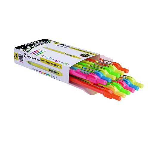 Zebra Z-Grip Retractable Highlighter Markers, Assorted Neon Ink, Chisel Tip, Assorted Neon Barrel, Dozen (71200)