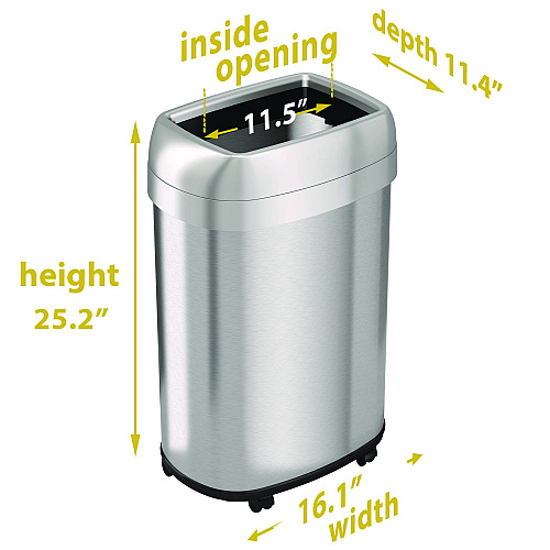 HLS Commercial Open Top Trash Can with Wheels, Oval, 13 gal, Plastic/Stainless Steel, Silver (HLS13STVM)