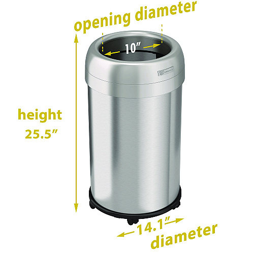 HLS Commercial Open Top Trash Can with Wheels, Round, 13 gal, Plastic/Stainless Steel, Silver (HLS13STRM)