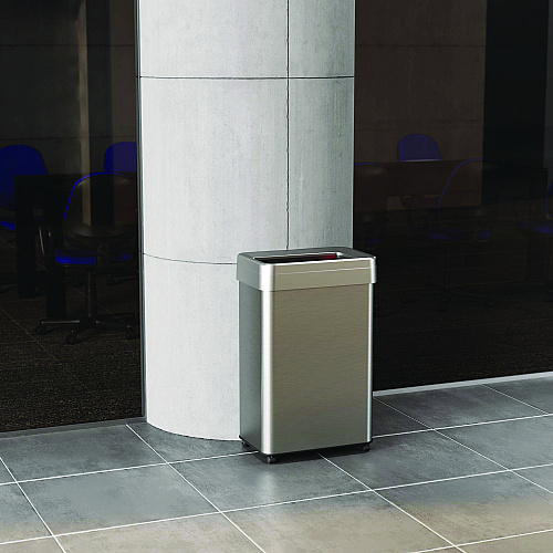 HLS Commercial Open Top Trash Can with Wheels, Rectangular, 16 gal, Plastic/Stainless Steel, Silver (HLS16UOTM)