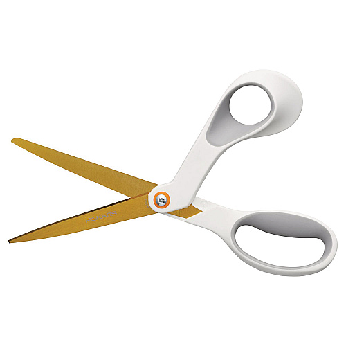 Fiskars SoftGrip Titanium Scissors, 8" Long, 4" Cut Length, Offset White Handle (1069766)