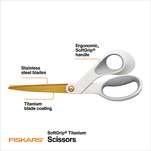 Fiskars SoftGrip Titanium Scissors, 8" Long, 4" Cut Length, Offset White Handle (1069766)