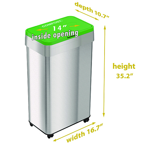 HLS Commercial Open Top Compost Bin with Wheels and Color-Coded Lid, 21 gal, Plastic/Stainless Steel, Silver/Green (HLS21UOTMCOP)