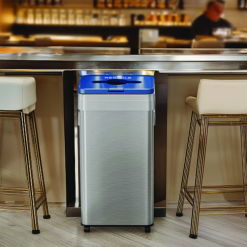 HLS Commercial Open Top Recycling Bin with Wheels and Color-Coded Lid, 21 gal, Plastic/Stainless Steel, Silver/Blue (HLS21UOTMREC)