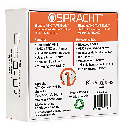 Spracht Blunote Earbuds, Silver/White (BNANC007)