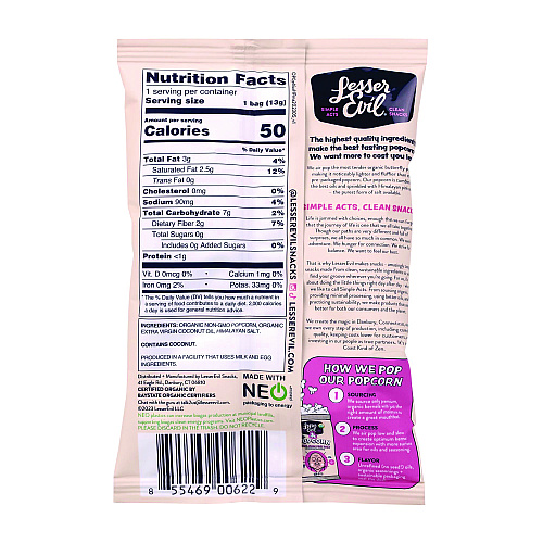 LesserEvil Himalayan Pink Salt Organic Popcorn, Salt, 0.46 oz Bag, 24/Carton (22001053)