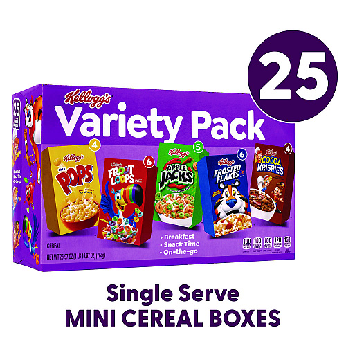 Kellogg's Cereal Assortment Pack, Assorted Flavors, Single Serve Box, 25/Carton (22002287)