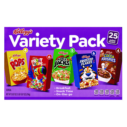 Kellogg's Cereal Assortment Pack, Assorted Flavors, Single Serve Box, 25/Carton (22002287)