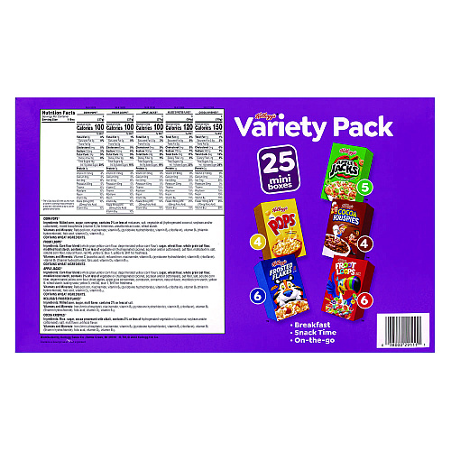Kellogg's Cereal Assortment Pack, Assorted Flavors, Single Serve Box, 25/Carton (22002287)