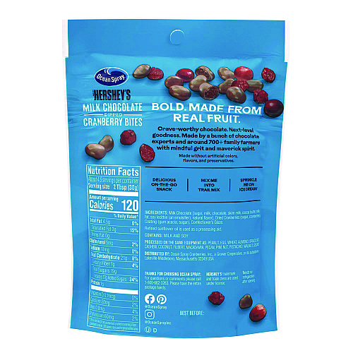 Ocean Spray Milk Chocolate Dipped Cranberry Bites, Cranberry/Chocolate, 5 oz Bag, 12/Carton (22002299)