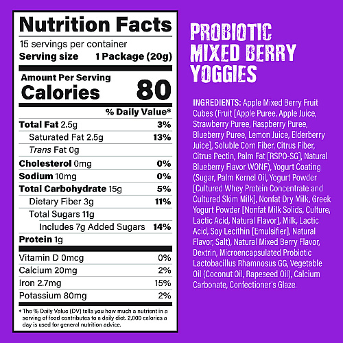 Nature's Garden Probiotic Yoggies Variety Snack Pack, Assorted Flavors, 0.7 oz Bag, 30/Carton (22002303)