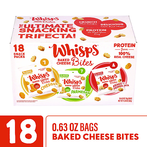 Whisps Baked Cheese Bites Variety Snack Packs, Assorted Flavors, 0.63 oz Packet, 18/Carton (22002347)