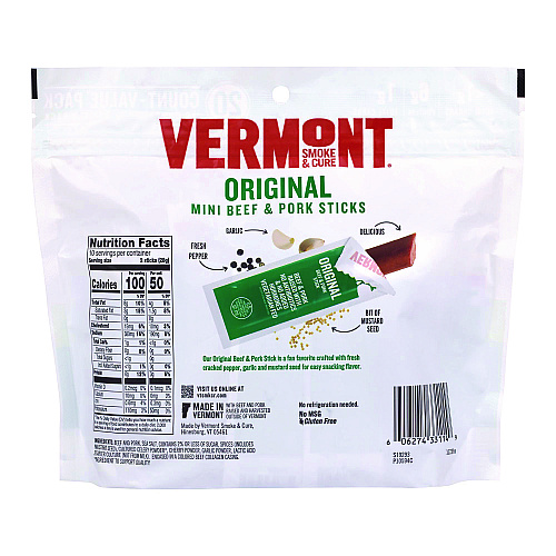 Vermont Smoke and Cure Original Flavor Mini Snack Sticks, Beef, 0.5 oz Individually Wrapped, 20/Carton (22002353)