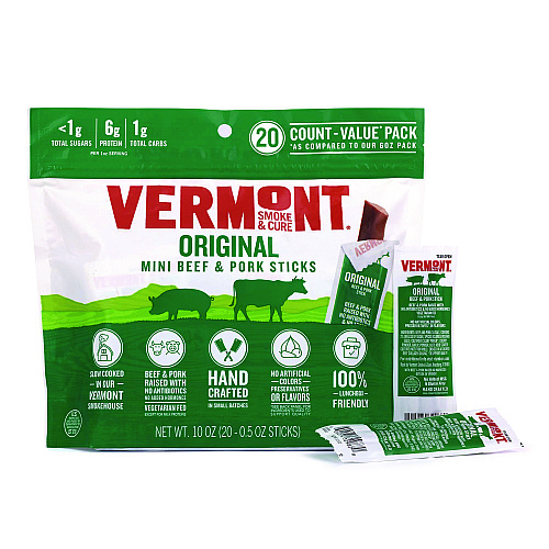 Vermont Smoke and Cure Original Flavor Mini Snack Sticks, Beef, 0.5 oz Individually Wrapped, 20/Carton (22002353)