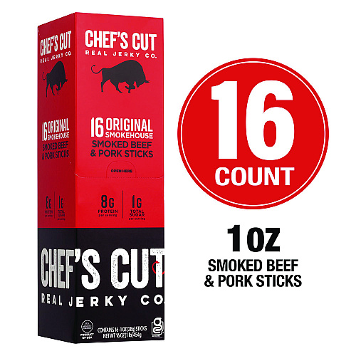 Chefs Cut Real Jerky Original Smokehouse Beef & Pork Meat Stick, 1 oz Individually Wrapped, 16/Carton (22002354)