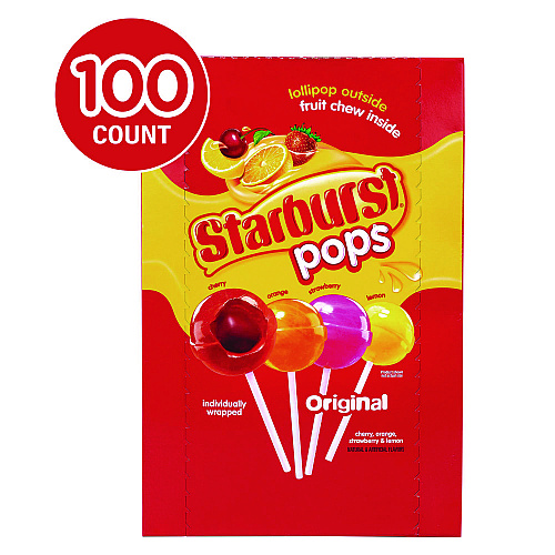 Starburst Pops Fruit Chew Filled Lollipops Variety Pack, Assorted Flavors, 0.6 oz Individually Wrapped Lollipops, 100/Carton (22002358)