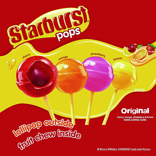 Starburst Pops Fruit Chew Filled Lollipops Variety Pack, Assorted Flavors, 0.6 oz Individually Wrapped Lollipops, 100/Carton (22002358)