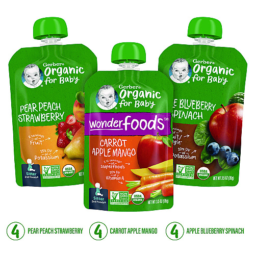 Gerber Organic 2nd Foods Baby Food Pouches, Assorted Flavors, 3.5 oz Pouch, 12/Carton (22002367)