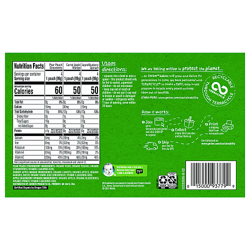 Gerber Organic 2nd Foods Baby Food Pouches, Assorted Flavors, 3.5 oz Pouch, 12/Carton (22002367)