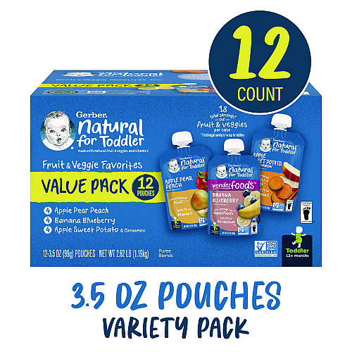 Gerber Natural Baby Food Pouches for Toddler 12+ Months, Assorted Flavors, 3.5 oz Pouch, 12/Carton (22002368)