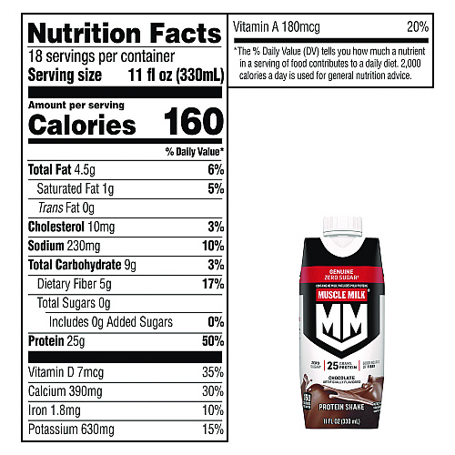 Muscle Milk Genuine Chocolate Protein Shake, 11 oz Carton, 18/Carton (22002378)