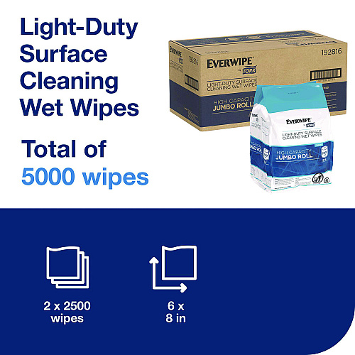 Tork Light-Duty Surface Cleaning Wet Wipe, 1-Ply, 8 x 6, Unscented, White, 2,500 Sheets/Roll, 2 Rolls/Carton (192816)