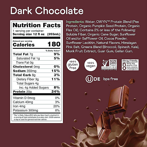 Owyn 20 g Protein Drink, Chocolate, 12 oz Bottle, 12/Carton (38200001)