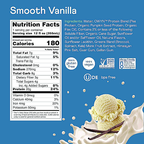 Owyn 20 g Protein Drink, Vanilla, 12 oz Bottle, 12/Carton (38200002)