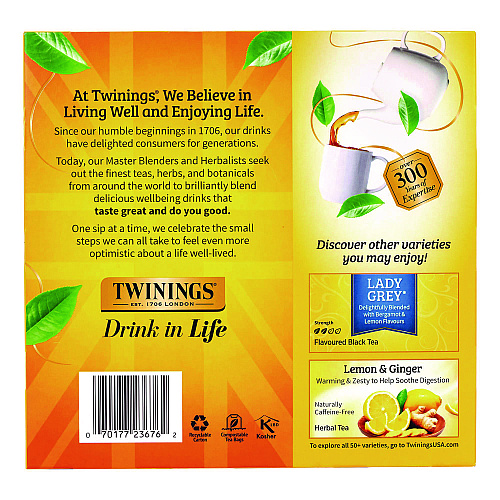 TWININGS Tea Bags, Earl Grey, Individually Wrapped, 100/Carton (22002386)