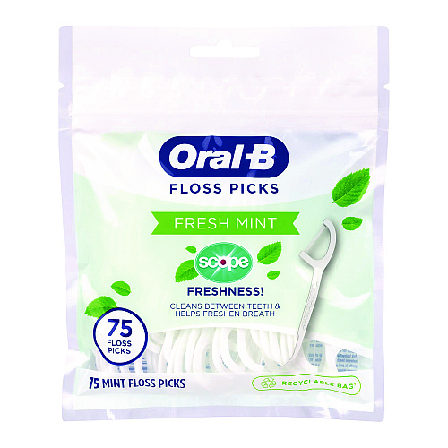 Oral-B Burst of Scope Floss Picks, Fresh Mint, 75 Picks/Bag, 5 Bags/Carton (22002395)