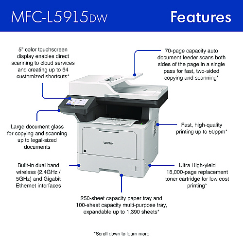 Brother MFC-L5915DW Business Monochrome AIO Laser Printer, Copy/Fax/Print/Scan