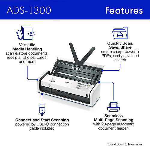 Brother ADS-1300 Compact Desktop Scanner, 600 dpi x 600 dpi Optical Resolution, 20-Sheet Duplex Auto Document Feeder