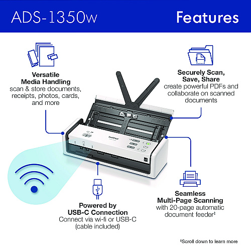 Brother ADS-1350W Compact Desktop Scanner, 600 dpi x 600 dpi Optical Resolution, 20-Sheet Duplex Auto Document Feeder