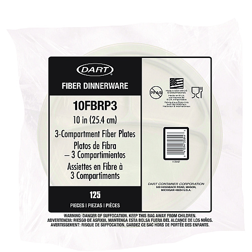 Dart Compostable Fiber Dinnerware, ProPlanet Seal, 3-Compartment Plate, 10.2" dia, Natural, 500/Carton (10FBRP3)