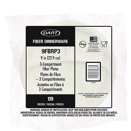 Dart Compostable Fiber Dinnerware, ProPlanet Seal, Plate, 3-Compartment Plate, 9" dia, Natural, 500/Carton (9FBRP3)