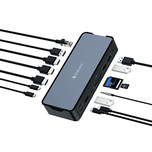 Verbatim USB-C Pro Docking Station 15-in-1, Audio/DisplayPort/HDMI/Micro SD/RJ45/SD/USB-A/USB-C, Gray (32171)