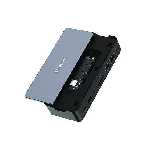 Verbatim USB-C Pro Docking Station 15-in-1 SSD Enclosure, Audio/DisplayPort/HDMI/Micro SD/NVMe/RJ45/SD/USB-A/USB-C/SATA, Gray (32173)