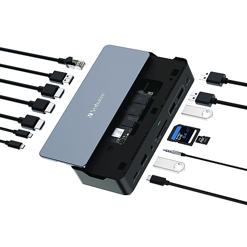 Verbatim USB-C Pro Docking Station 15-in-1 SSD Enclosure, Audio/DisplayPort/HDMI/Micro SD/NVMe/RJ45/SD/USB-A/USB-C/SATA, Gray (32173)