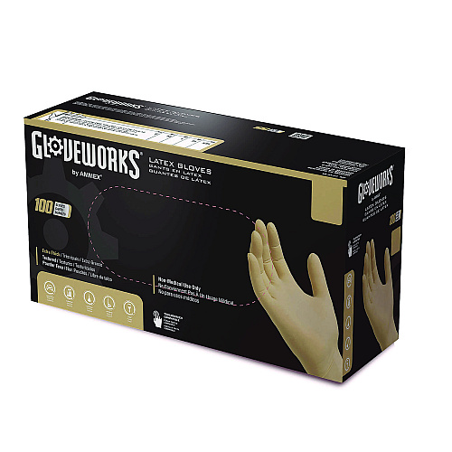 GloveWorks by AMMEX Extra Thick Latex Disposable Gloves, Powder-Free, Medium, 6 mil Thick, 9.5" Long, Ivory, 100/Box, 10 Boxes/Carton (ILHD44100)