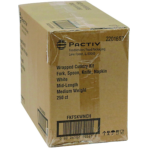Pactiv Fieldware Cutlery, Individually Wrapped, Fork, Knife, Teaspoon, Napkin, White, 250/Carton (FKFSKWNCH)