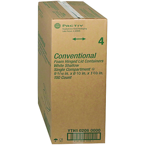 Pactiv Conventional Foam Hinged Lid Container, Shallow, 9 x 6.5 x 1.6, White, 150/Carton (YTH102060000)