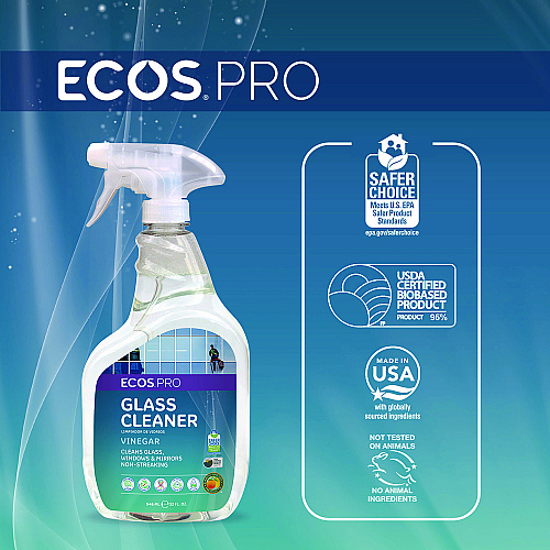ECOS PRO Glass Cleaner, Vinegar Scent, 32 oz Spray Bottle, 6/Carton (PL93006CT)