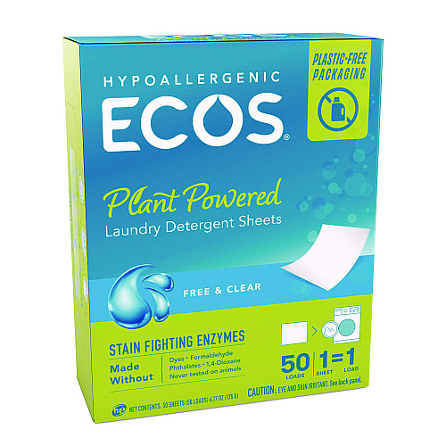 ECOS PRO Liquidless Laundry Detergent Sheets, Free and Clear, 50 Sheets/Pack, 10 Packs/Carton (953710CT)