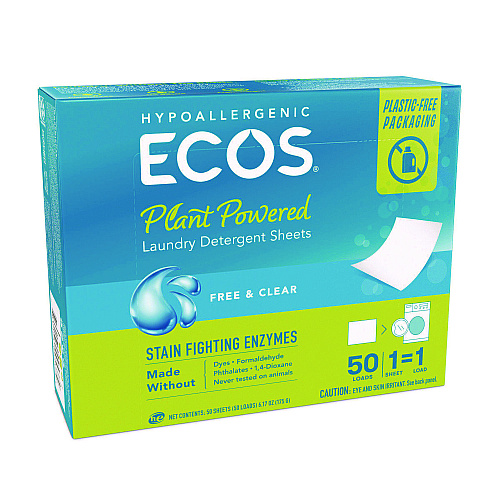 ECOS PRO Liquidless Laundry Detergent Sheets, Free and Clear, 50 Sheets/Pack, 10 Packs/Carton (953710CT)