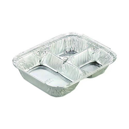 HFA Aluminum Oblong Container with Lid, 3 Compartments, 24 oz, 8.5 x 6.38 x 1.47, Silver, 500/Carton (204535)