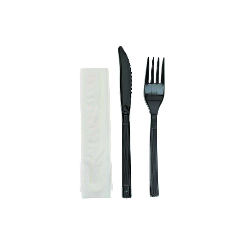 Pactiv Gardenware Cutlery, Individually Wrapped, Fork, Knife, Napkin, Black, 500/Carton (GKFKNECH)