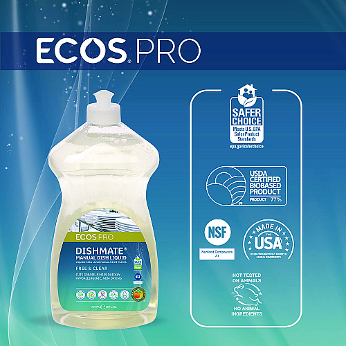 ECOS PRO Dishmate Manual Dish Liquid, Free and Clear, 25 oz Squeeze Bottle, 6/Carton (PL97216CT)