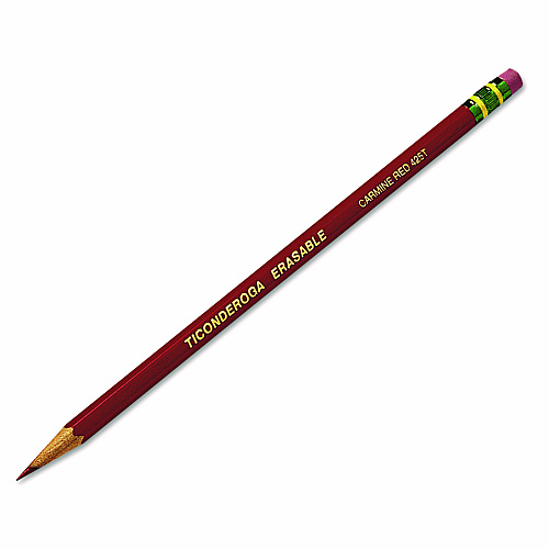 Ticonderoga Erasable Colored Pencils, 2.6 mm, 2B, Carmine Red Lead, Carmine Red Barrel, 12/Pack (142590002)