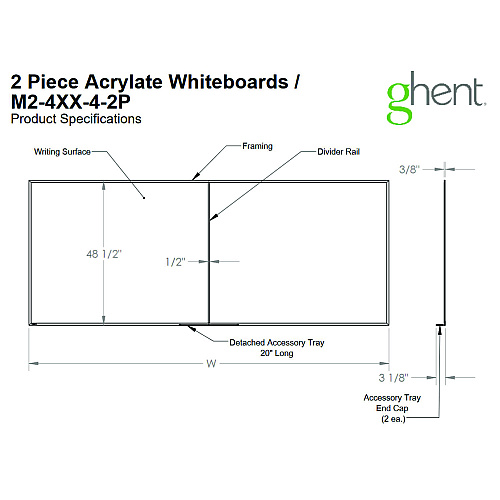 Ghent Two-Piece M2 Non-Magnetic Whiteboard with Aluminum Frame, 144.5" x 48.5", White Surface, Satin Aluminum Frame (M241242P)